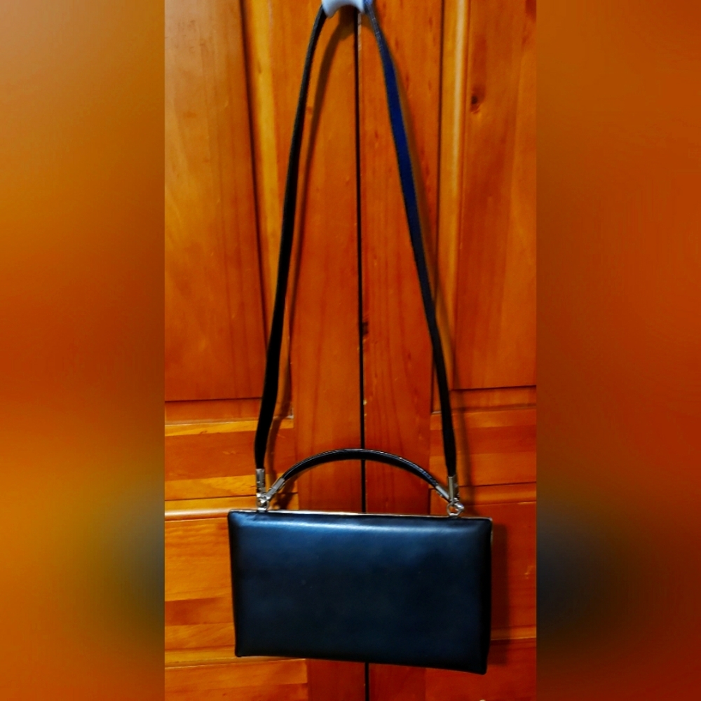 Vintage Wanlima Blk  Clutch Purse Elegant Black Leather Handbag 2 Strap/orig Box